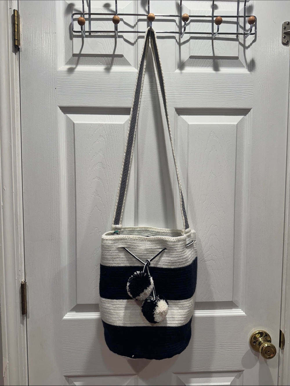 Wayuu Tribe Navy & White Striped Shoulder Bag with Pom-Poms